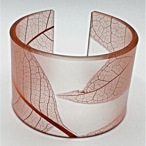 Clear Lucite Cuff Bracelet Red/Orange Leaf Wide Size7 - 7.25